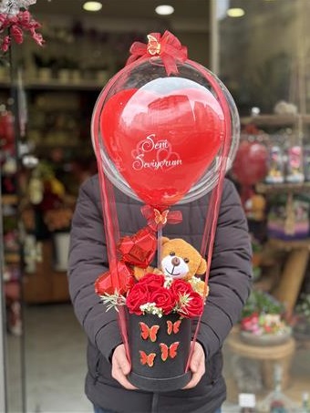 Kahve Ayıcıklı Yapaygül Balon Kutusu