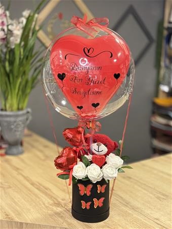 Kırmızı Ayıcıklı Yapaygül Balon Kutusu